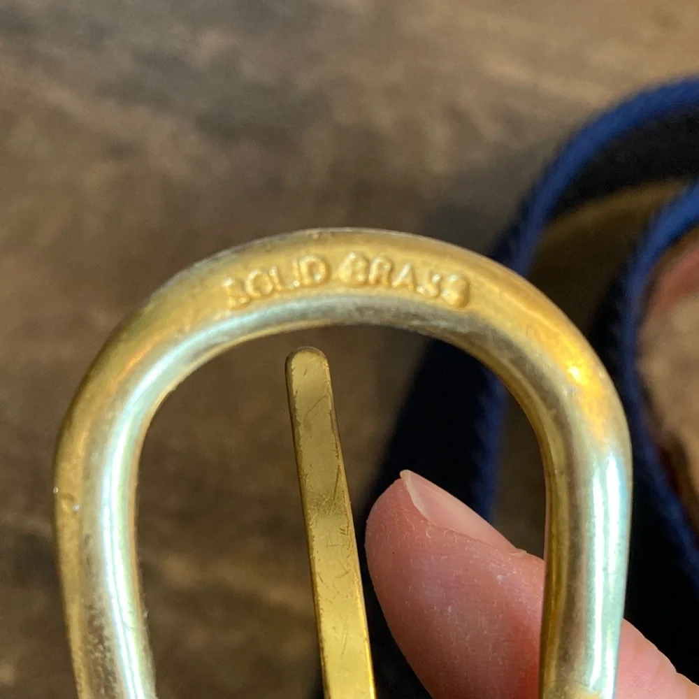 Men's Blue Brown‎ Stretch Woven Belt Size 46 Preppy Casual Classic Brass Buckle